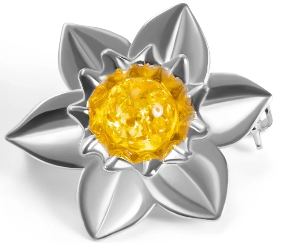 Statement Daffodil Flower Brooch in Silver and Yellow Amber